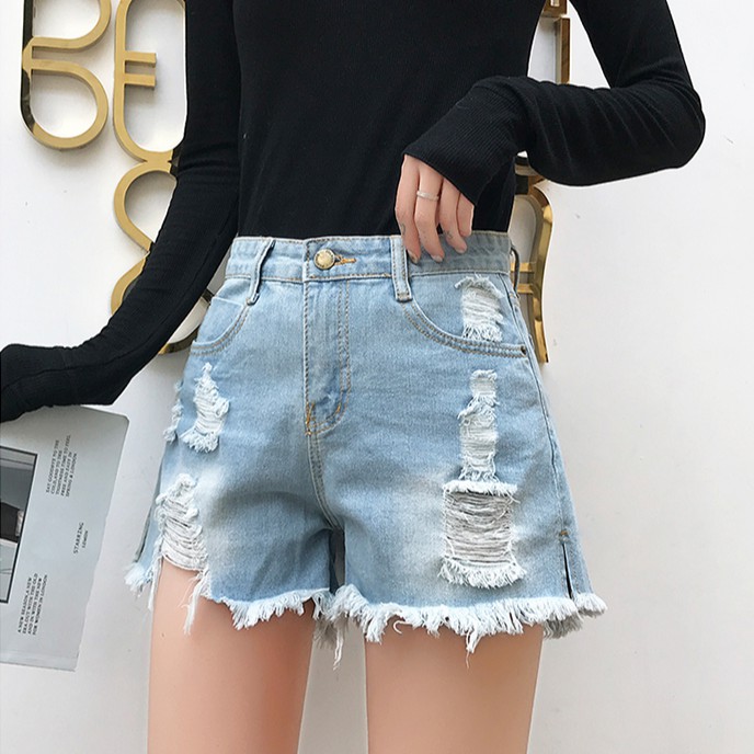 [現貨] 夏季新款復古高腰破洞流蘇牛仔短褲 超顯瘦牛仔短褲 韓版學生寬鬆休閒短褲女生衣著 熱褲