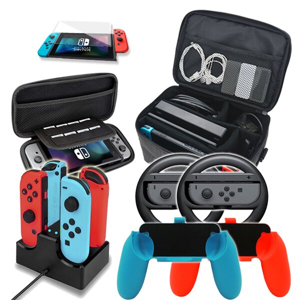 Switch 1111六件組合 送鋼化保護貼： 全套收納包 硬殼收納包 搖桿充電器 Joy-Con擴充握把x2 體感方向盤x2