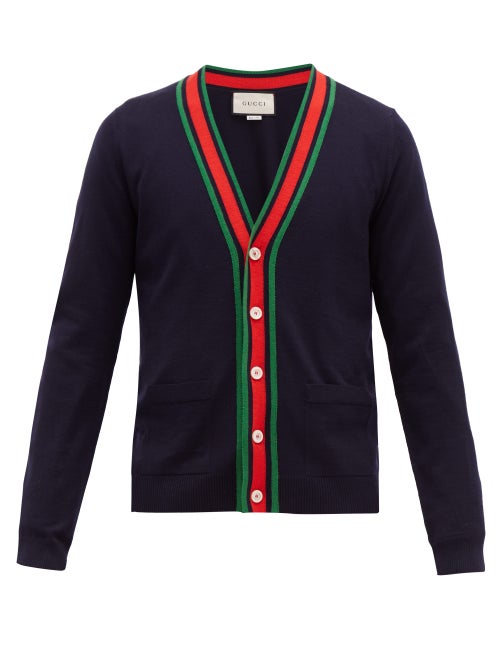 Gucci - The red and green Web-stripes that define this navy wool cardigan are an original Gucci hall