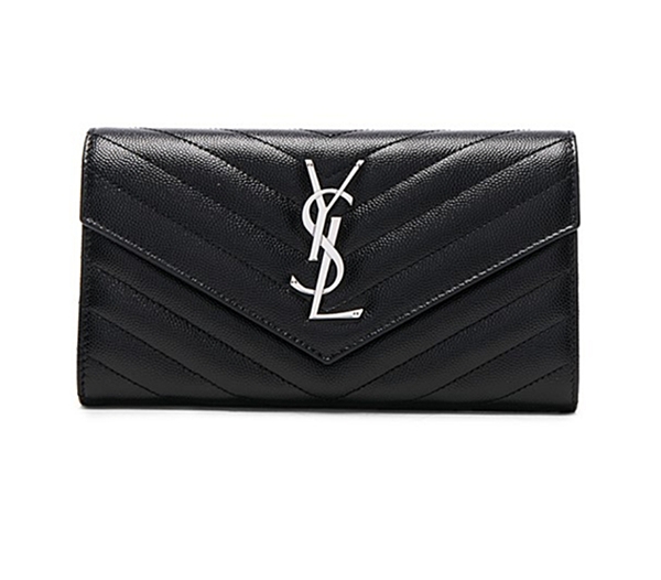 YSL MONOGRAM系列V字縫線魚子醬牛皮銀色金屬LOGO暗釦手拿長夾(黑)