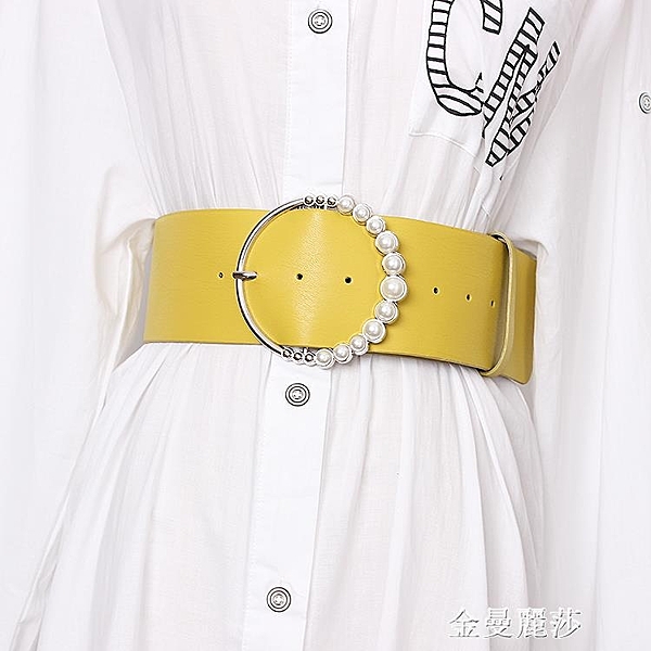 春季日系雙環扣珍珠寬腰帶女裝飾連衣裙pu皮帶百搭休閒束腰腰封 金曼