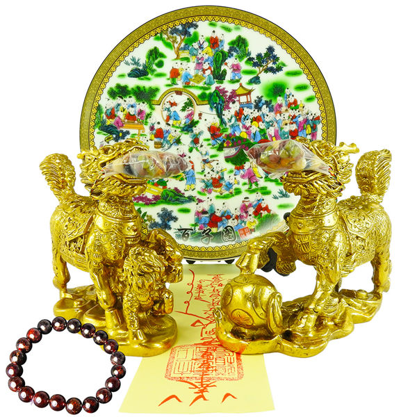 【吉祥開運坊】【銅製送子麒麟+百子圖瓷盤組合 求子特惠組 贈紅石榴手鍊】開光 擇日