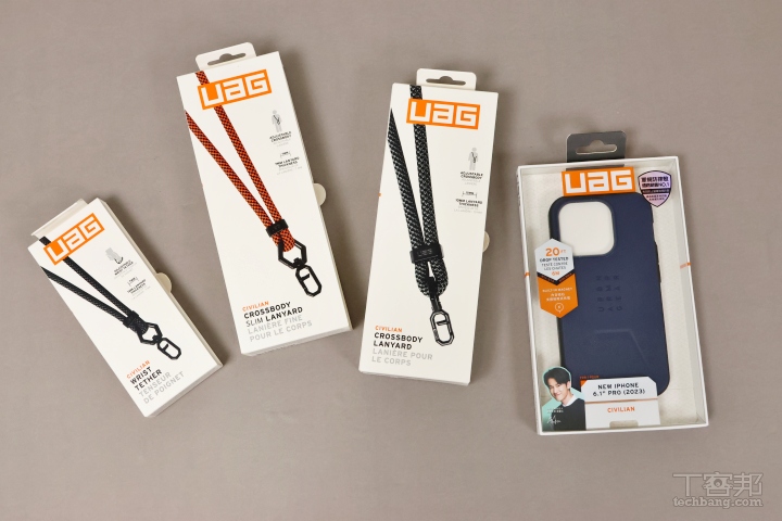 新的 UAG 手機掛繩外包裝和手機殼的風格一致，盒裝上就會印有內容物的彩圖，包裝採用環保新包裝設計，使用 80% 再生材料製成，而且整體體積更精巧節省運輸空間。