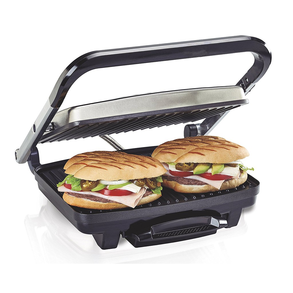 Hamilton Beach（25410）Panini Press，Sandwich Maker＆Grill，Electric，95“烹飪表面，不銹鋼無盡的可能性：由於咖啡館式浮動蓋子，可以均勻地烤三