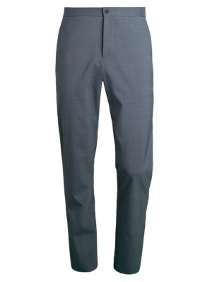 Modern cropped leg trouser with a sleek look.; Elasticized back panel; Back welt pockets; Wool/polye