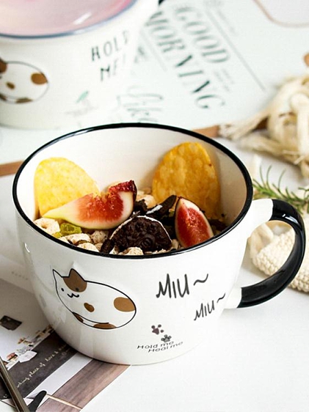 日式好看的雙耳碗面碗陶瓷帶手柄泡面杯學生宿舍帶蓋方便面碗湯碗