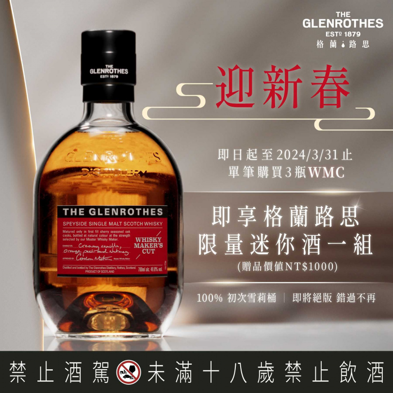【格蘭路思WMC單一麥芽威士忌】，路思迎新春方案：購買三瓶格蘭路思WMC單一麥芽威士忌，另外贈送格蘭路思迷你酒組一組（ WMC 100 ml 2瓶、18年 100 ml 1瓶）