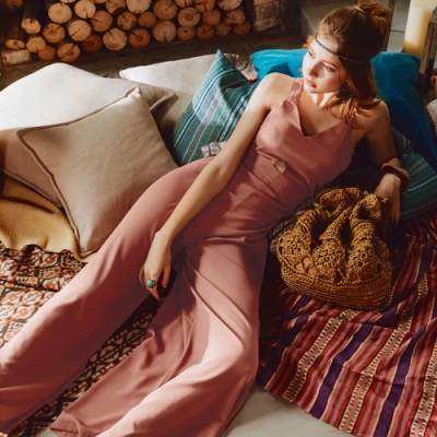 AIR SPACE 寬帶V領腰鏤空美背連身褲(粉)