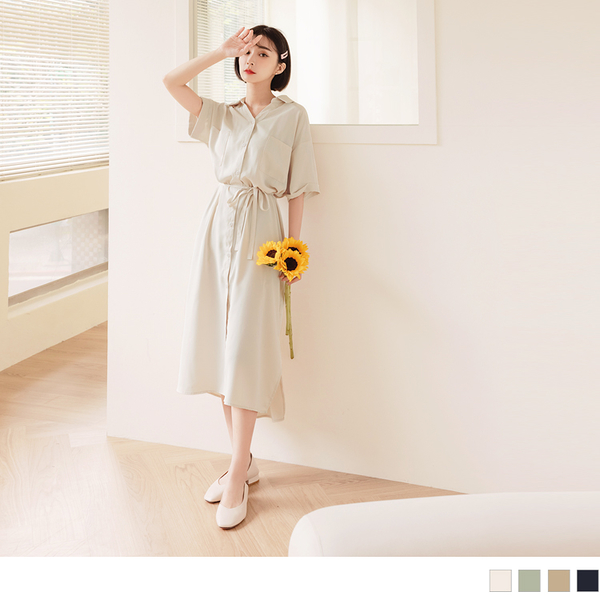 清涼關係學．舒涼雪紡襯衫式開衩洋裝 OrangeBear 《KG1375》