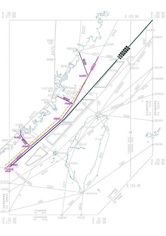 具有爭議的M503和三條聯絡線(W121、W122、W123)航路圖。 圖：翻攝維基百科/陸委會(資料照片)