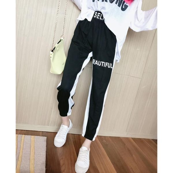 娃娃家 2019夏季新款韓版側邊白條運動褲女長褲高腰束腳休閒褲子 米娜小鋪