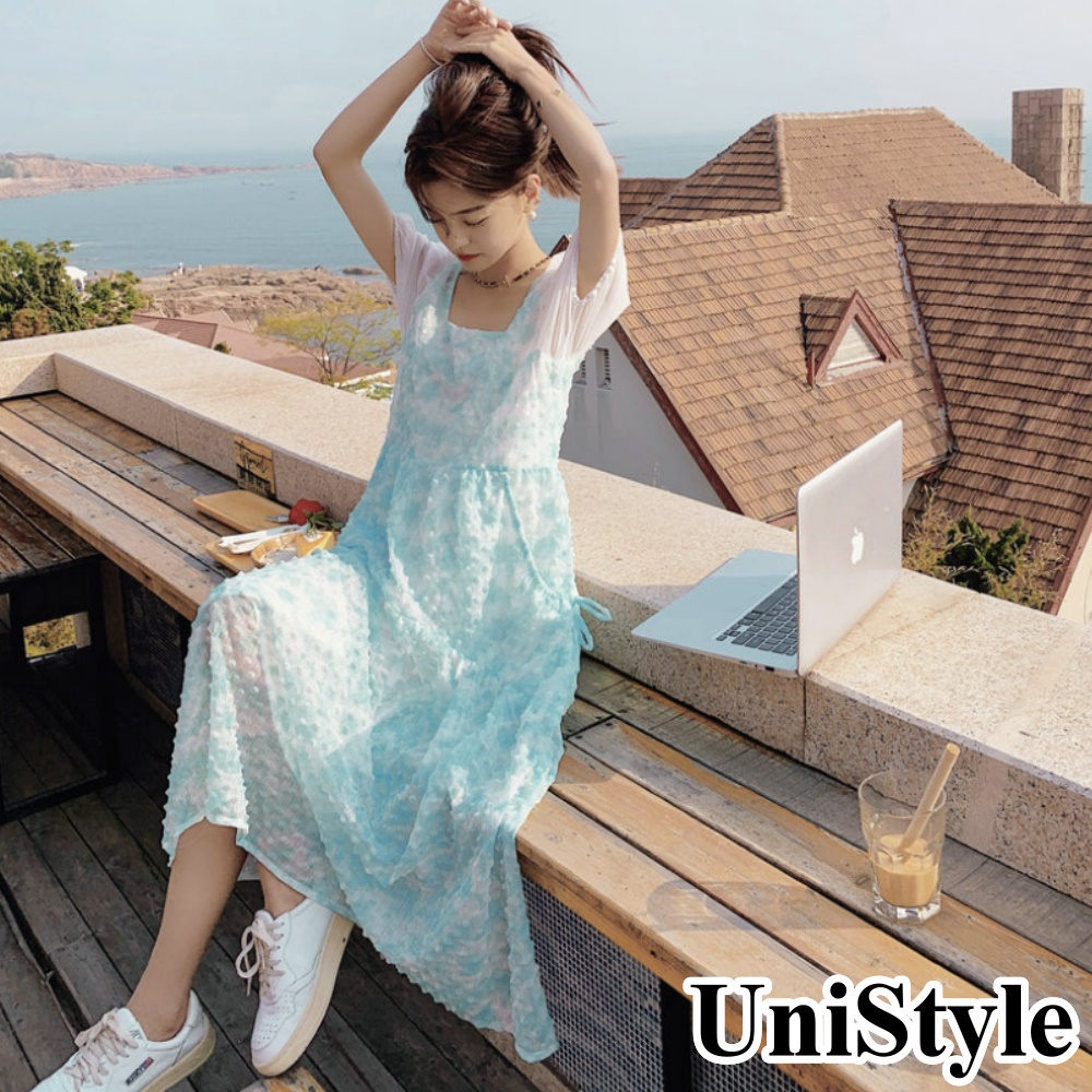 【UniStyle】韓系夏日清新甜美暈染網紗泡泡短袖連身洋裝 女 ZM001-2258(圖片色)