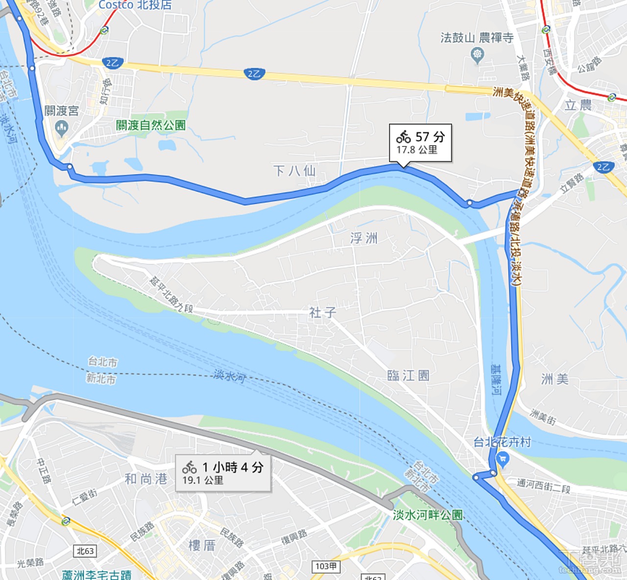 往淡水的洲美高架橋部分也同樣可以正確導航。