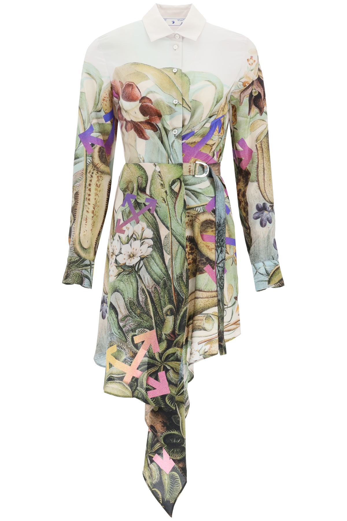 Off-White shirt dress in pure silk with botanical print, featuring pointed collar, long sleeves with