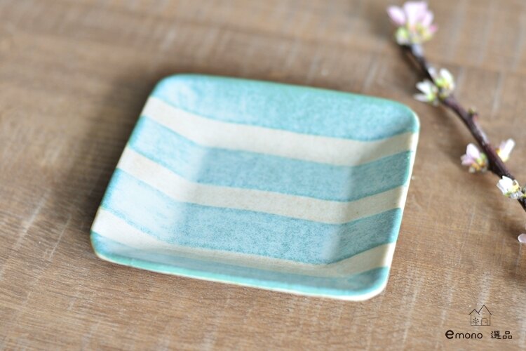 日本製 美濃燒 橫條紋薄荷綠 餐盤 小盤 方盤 角皿 陶器 小菜碟 現貨