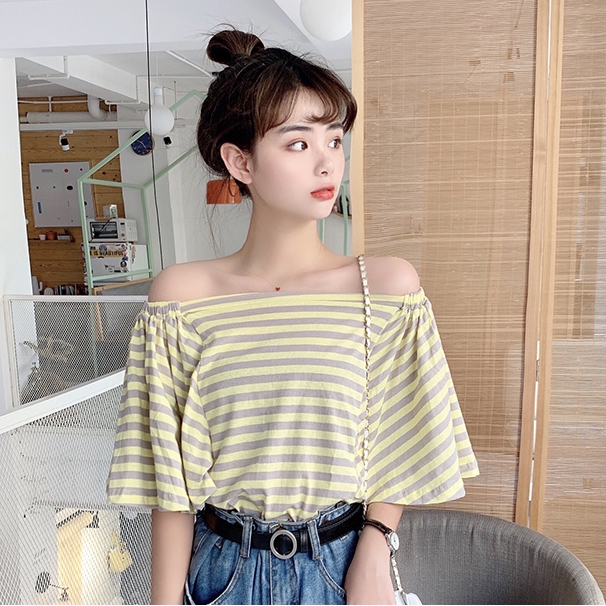 一字領 短袖 條紋 休閒 寬鬆 T恤 上衣 衣服 衣著 一字肩可兩穿潮上衣甜美黑白條紋喇叭短袖t恤寬松