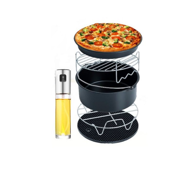 品名：氣炸鍋6件套 烘烤鍋 尺寸：19×7.5公分 可用作烤麯包,蛋糕等使用 烘.烤.炸創造多樣美食料理 不沾鍋塗層， 清洗容易 矽膠隔熱墊 尺寸：直徑18公分 避免燒燙的鍋子直接接觸餐桌 又能讓鍋碗