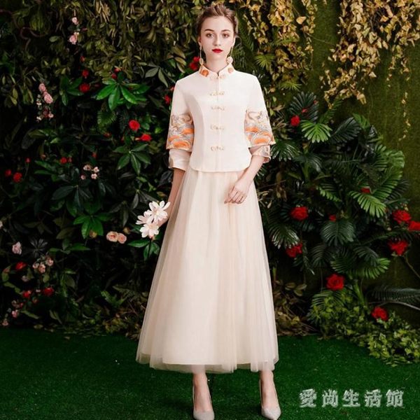 中式伴娘服2019新款復古立領香檳色結婚伴娘團禮服姐妹裙長款