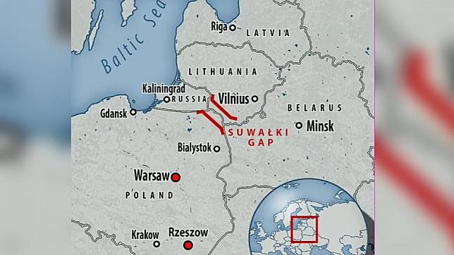 立陶宛—波蘭邊界的狹長地帶「蘇瓦烏基走廊」（Suwalki Gap）。（圖／翻攝自《每日郵報》）