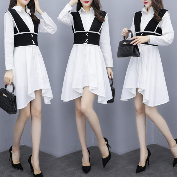 VK精品服飾 韓系不規則襯衫裙針織馬甲套裝長袖裙裝