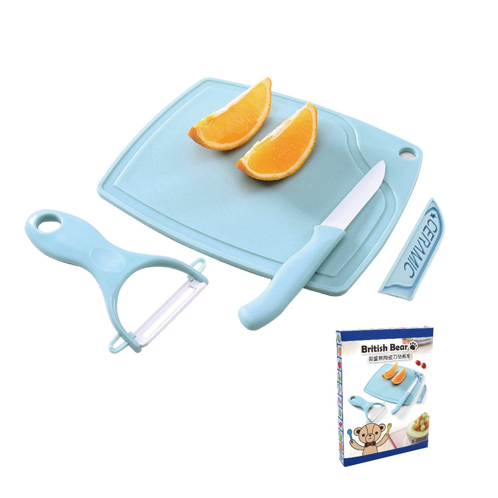 品名：英國熊陶瓷刀砧板組內容：削皮刀、水果刀、砧板材質：陶瓷+PP顏色：藍色、綠色、粉色（隨機出貨）尺寸：削皮刀：6cm*13cm水果刀：2.5cm*16.5cm砧板：19.5cm*15.5cm重量：