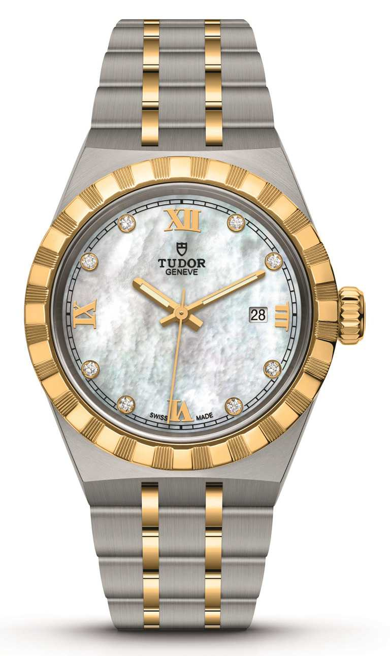 TUDOR「Royal皇家系列」腕錶╱白色珍珠母錶面，鑲寶石，黃金鋼錶帶，28mm╱125,000元。