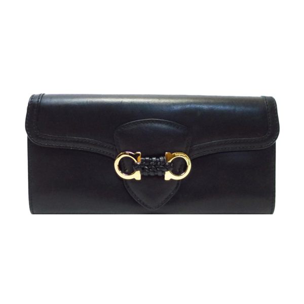 Salvatore Ferragamo 黑色牛皮金色雙馬蹄造型釦式長夾 【BRAND OFF】