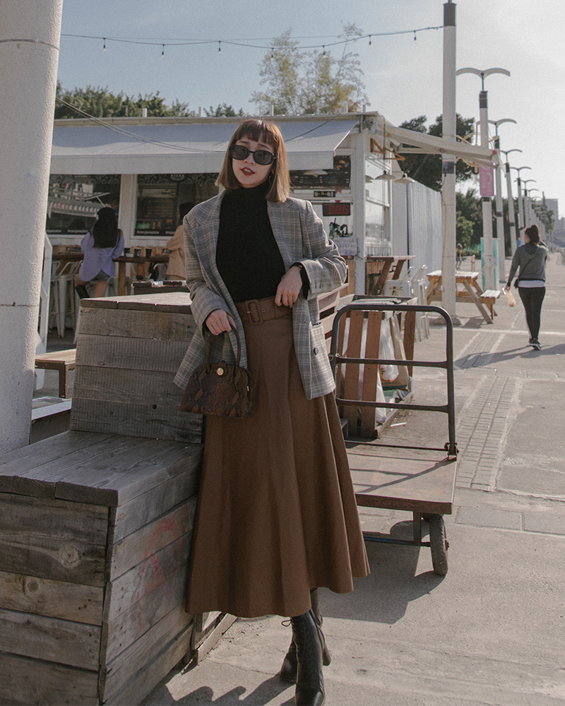 Mercci22+腰帶皮革傘擺長裙