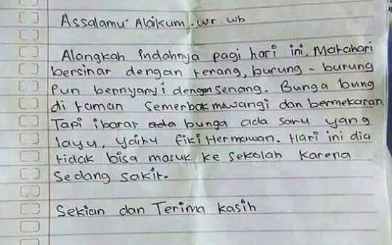 Baru Lagi Surat Izin Sakit Puitis Dari Orangtua Murid Ke