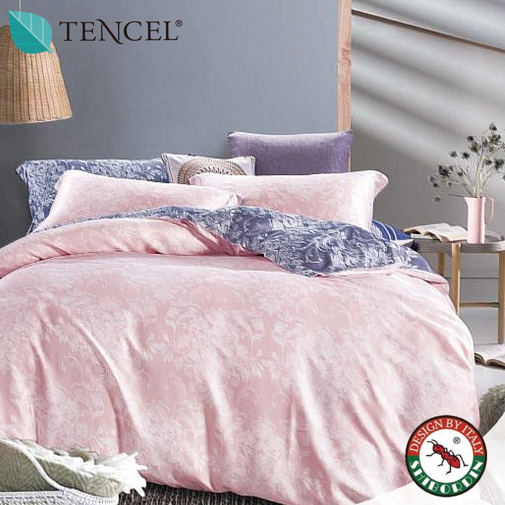 專櫃頂級100%天絲床包兩用被四件組-悠然_粉【包覆35CM+壓框信封枕】