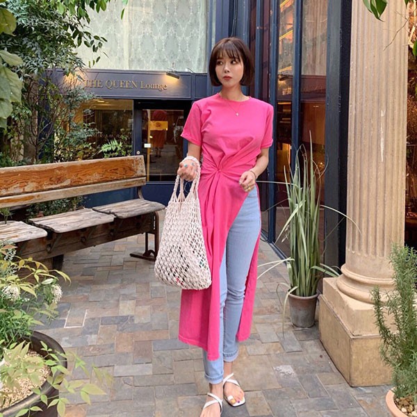 NXS 收腰側開岔 長版 棉T 短袖 上衣 洋裝 顯瘦 腰身 百搭 素面 開衩 設計感 韓國