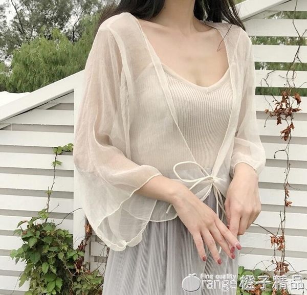 溫柔風超仙小仙女上衣夏季薄紗外套防曬衣女雪紡短款空調開衫披肩 橙子精品