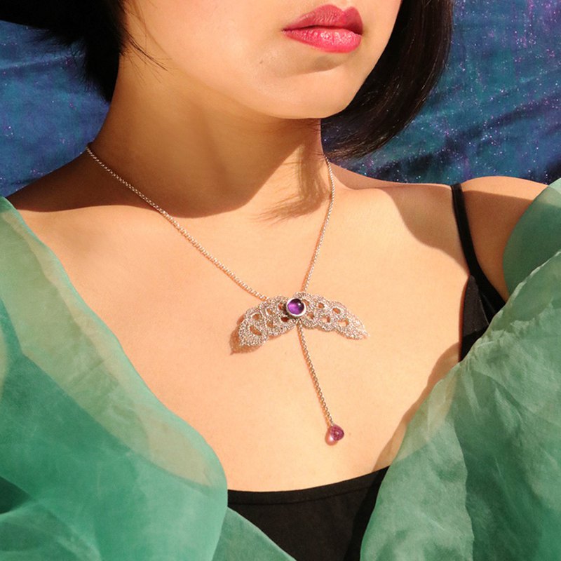 原創設計，手工製作 鏤空翅膀造型 天然紫水晶鑲嵌 925銀絲編織