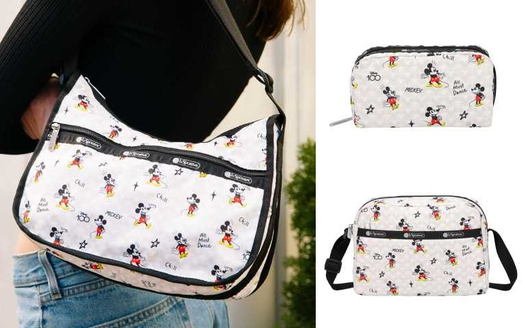 歡樂米奇經典斜背包／6,000元、歡樂米奇長形化妝包／1,800元、歡樂米奇拉鍊斜背包／3,650元（圖／品牌提供）