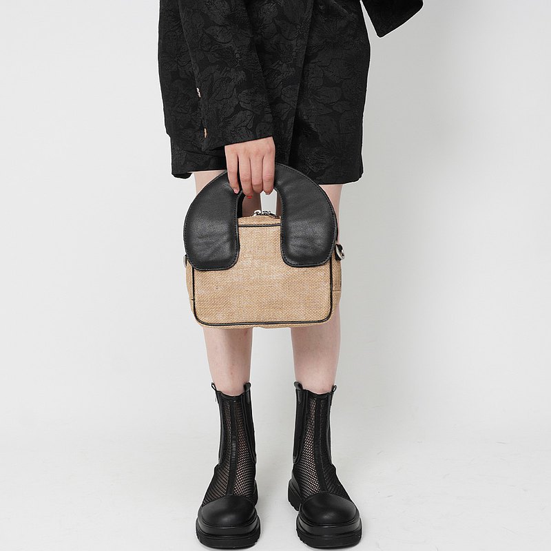 rebirth野生設定原創涂鴉撞色拼接鏈條單肩黃麻包手提斜挎女士包