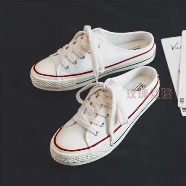 小白鞋 2019春款夏款半拖小白鞋女韓版學生無后跟一腳蹬懶人鞋帆布鞋潮鞋全館免運 玫瑰