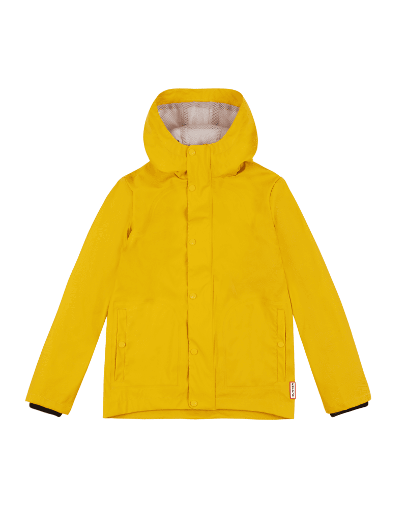 Diese gummierte Jacke für Kinder ist wasserdicht, ohne ein hohes Gewicht zu haben - eine spaßige, pr