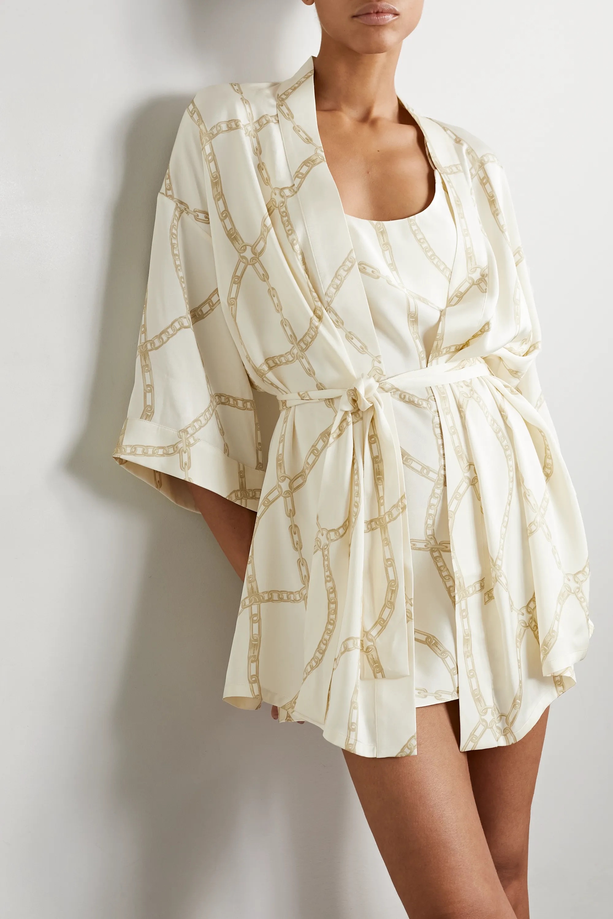 ANINE BING Kara belted printed silk-charmeuse robe