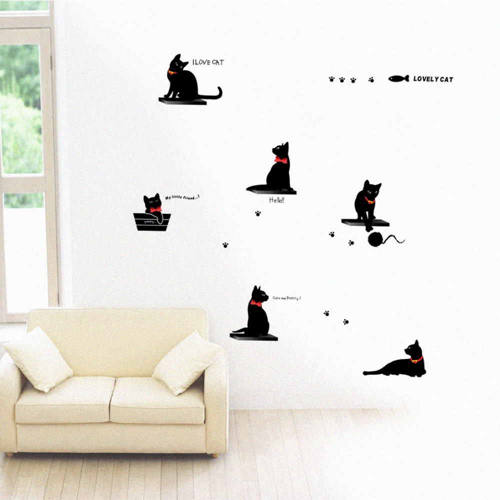 貓咪階梯牆壁貼紙 宜家寶 壁紙 盆栽 喵星人 黑貓 電視牆 壁飾 壁貼 牆貼 DIY 裝飾 佈置 布置【Q016】