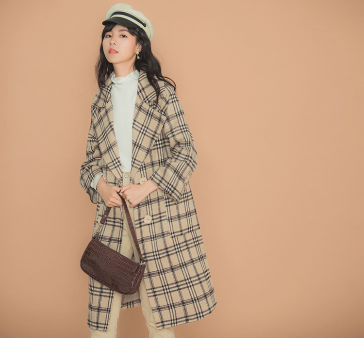 保暖鋪棉混羊毛格紋翻領風衣大衣外套