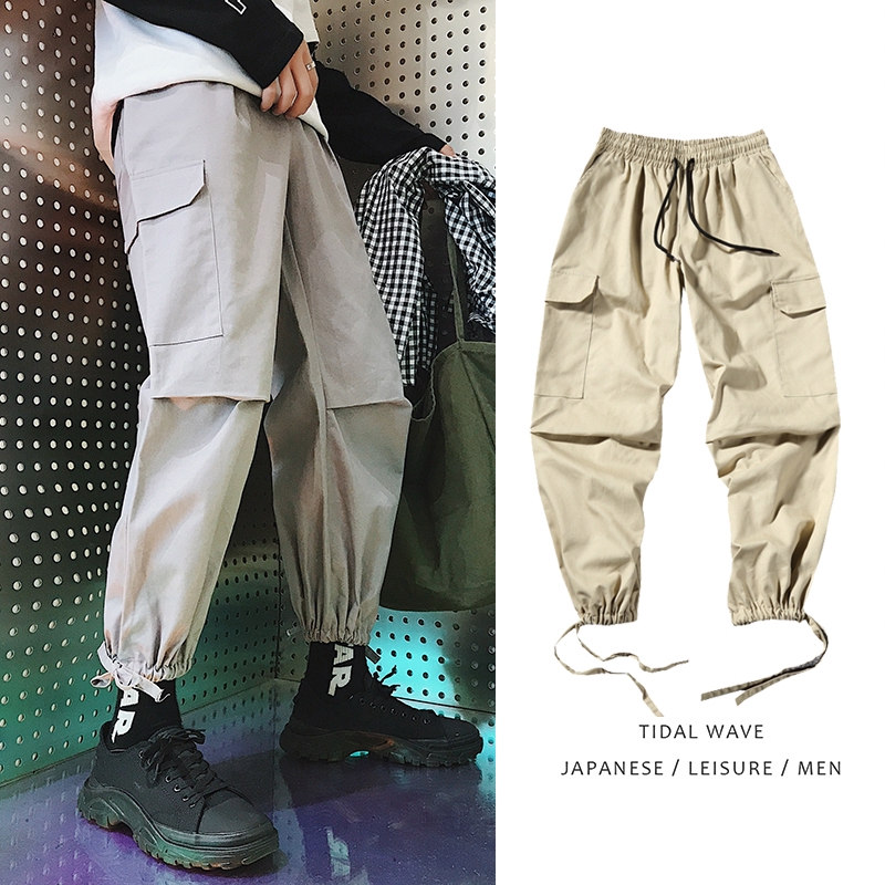 ins同款日系寬鬆滑板褲側口袋工裝褲男休閒褲棉褲 百搭大尺碼潮流男生長褲 多口袋工作褲原宿韓版直筒寬松褲青年學生休閒長褲