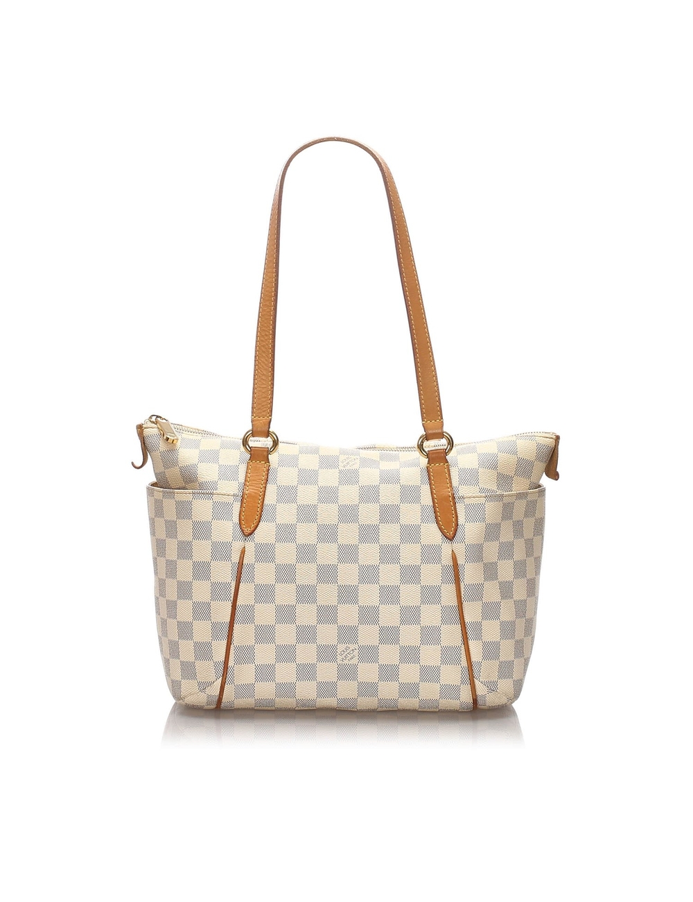 產品詳情： 白色LV Damier Azur Totally PM手提袋。 Totally PM具有更柔和的蔚藍帆布主體，外側開放式口袋，扁平皮革帶，頂部拉鍊和內部防滑袋。 14英寸長x 9英寸高x 