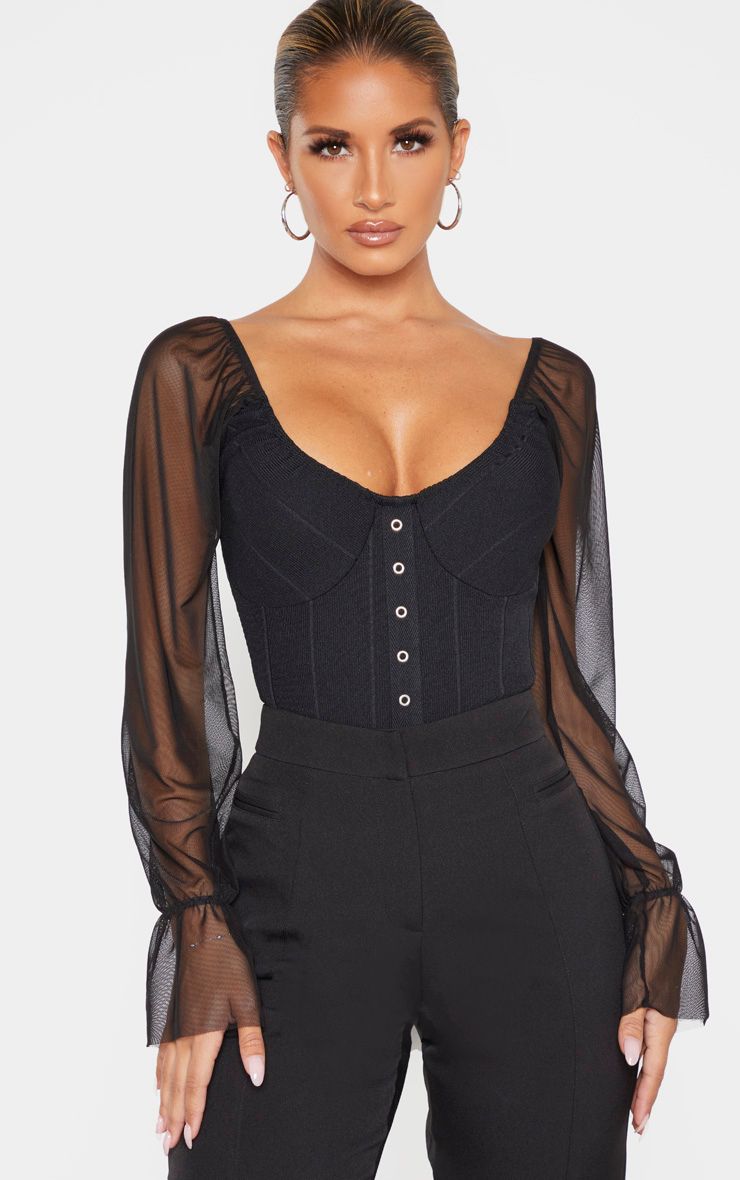 Black Rib Mesh Sleeve Bodysuit nWe are totally obsessed with this killer bodysuit this season doll F
