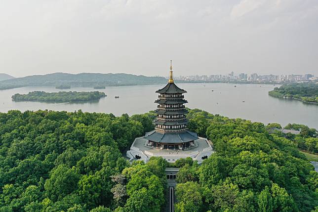 HANGZHOU, CHINA - MAY 26, 2021 - An aerial view of a giant Louis Vuitton  bag by the West Lake in Hangzhou, capital of east China's Zhejiang  Province, May 26, 2021. Organizers