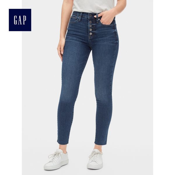 Gap女裝 高腰隱形口袋緊身九分牛仔褲 495954-靛藍色