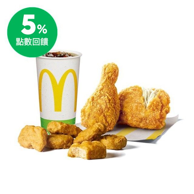 加碼回饋 ✦麥當勞品牌月 04/30前完成兌換享5%加碼回饋 ✦合計最高享12%回饋 商品內容 麥脆鷄腿2塊(原味)+麥克鷄塊6塊+可樂(中)一份 使用說明 ●早餐時段商品供應時間為每日10:30AM