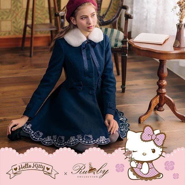 外套 Hello Kitty x Ruby 聯名款．刺繡花瓣邊蝴蝶結傘擺洋裝式大衣外套-Ruby s 露比午茶