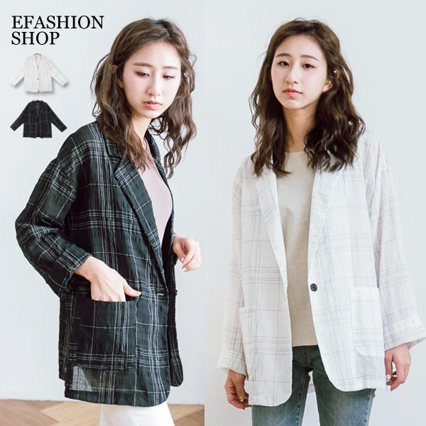 線格棉麻西裝外套-eFashion 預【K15719030】