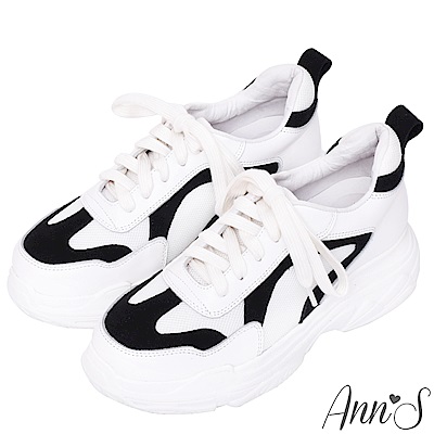 Ann’S魔術第四代極簡色系麂皮細腿真皮老爹小白鞋-黑白(版型偏小)