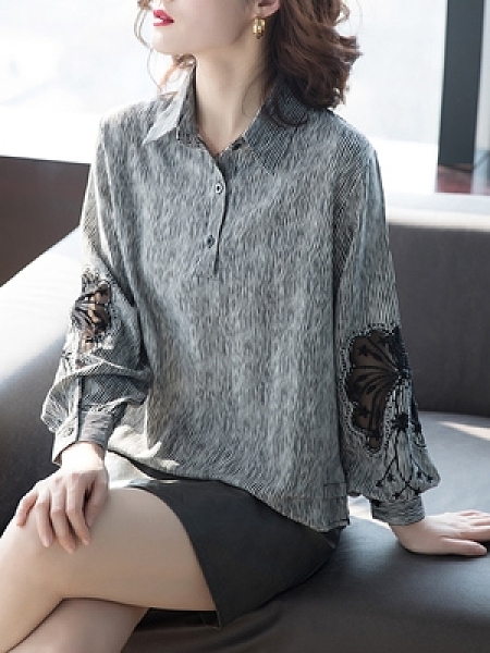 長袖襯衫寬鬆顯瘦L-5XL大尺碼女士年輕媽媽上衣襯衣 休閒百搭氣質